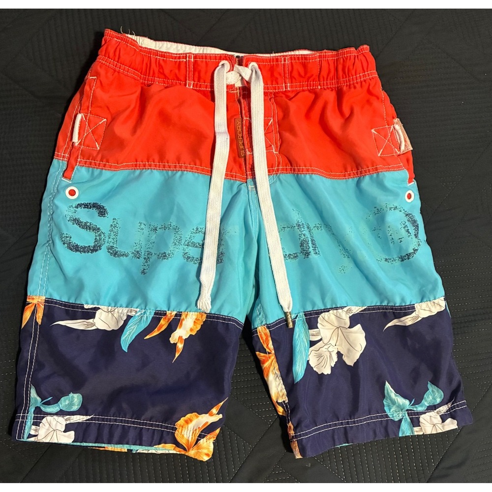 Superdry Mens Colorblock Floral Swim Shorts Orange Blue Hibiscus Size M